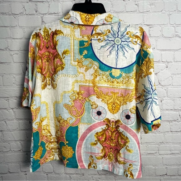 Bellambra colorful printed artsy linen blend button down ladies top Italy preppy - Picture 2 of 5
